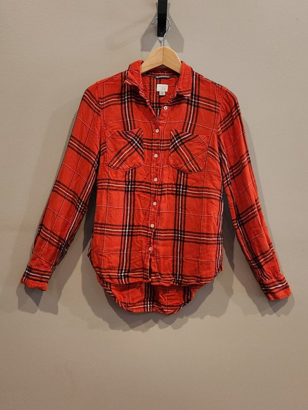 A New Day Red Plaid Button Up Shirt Womens Small Flannel Top